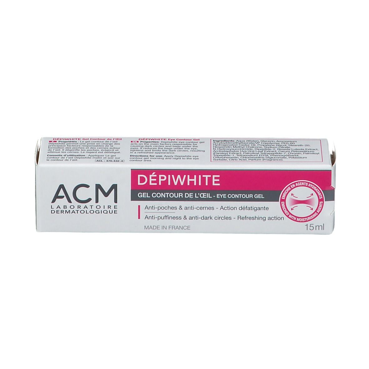 Weiße Schachtel mit Dépiwhite Gel Contour. Marke ACM. Text: Anti-Tränensäcke & Augenringe. 15 ml. Hergestellt in Frankreich.