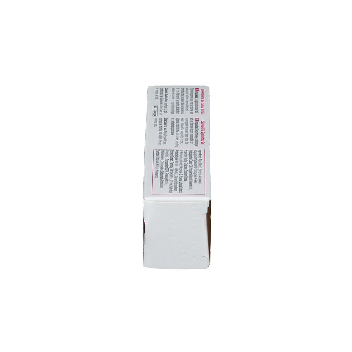 Seitenansicht der Schachtel. Text in mehreren Sprachen. Dépiwhite Gel Contour. Marke ACM. Hergestellt in Frankreich.