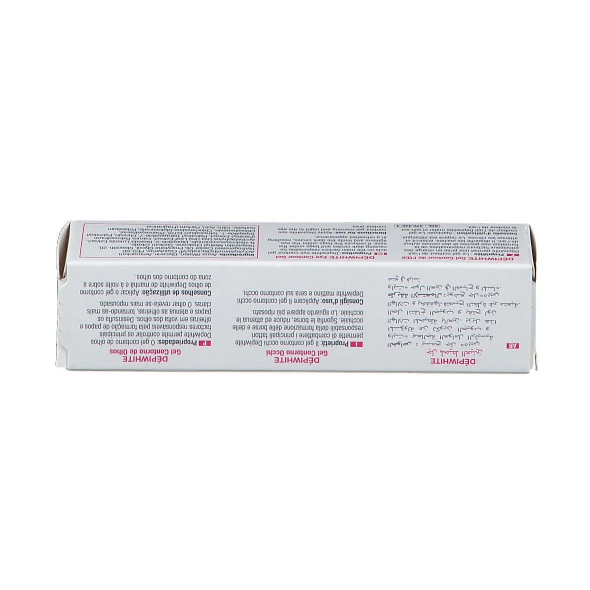 Oberseite der Schachtel. Text in mehreren Sprachen. Dépiwhite Gel Contour. Marke ACM. Hergestellt in Frankreich.