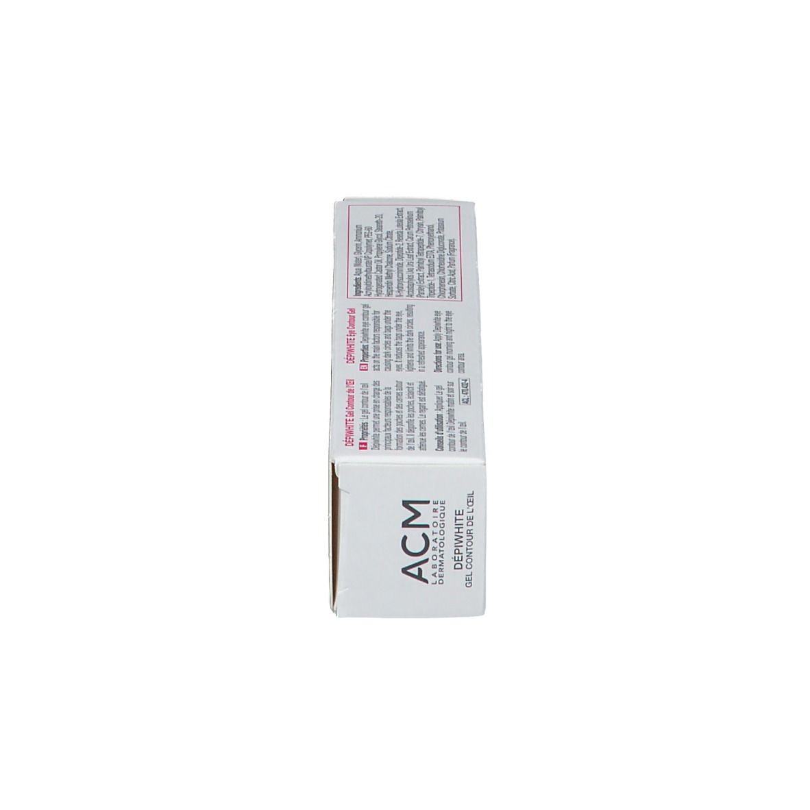 Seitenansicht der Schachtel. Marke ACM. Text: Dépiwhite Gel Contour. Hergestellt in Frankreich.