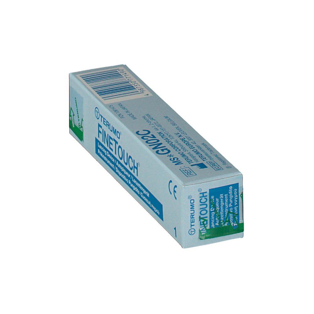 Emballage incliné du Terumo Finetouch Sampler. Boîte blanche et bleue avec nom du produit et marquage CE.