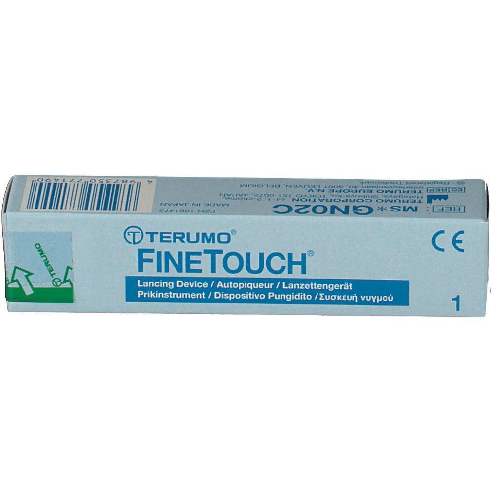 Emballage du Terumo Finetouch Sampler. Boîte blanche et bleue avec nom du produit, marquage CE et le chiffre 1.