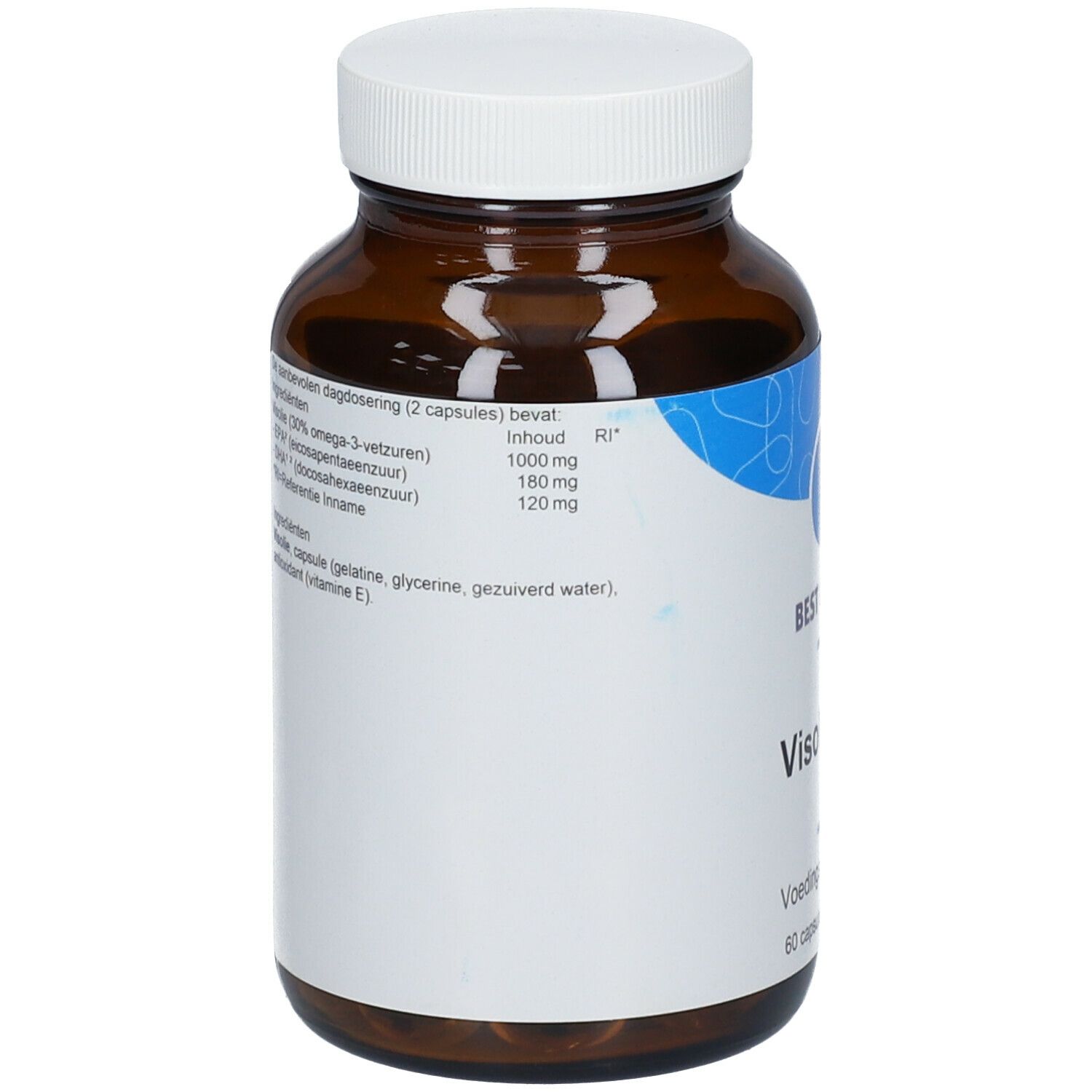 Achterkant van de bruine glazen fles. Opschrift: Visolie 500. Ingrediënten en voedingswaarde.