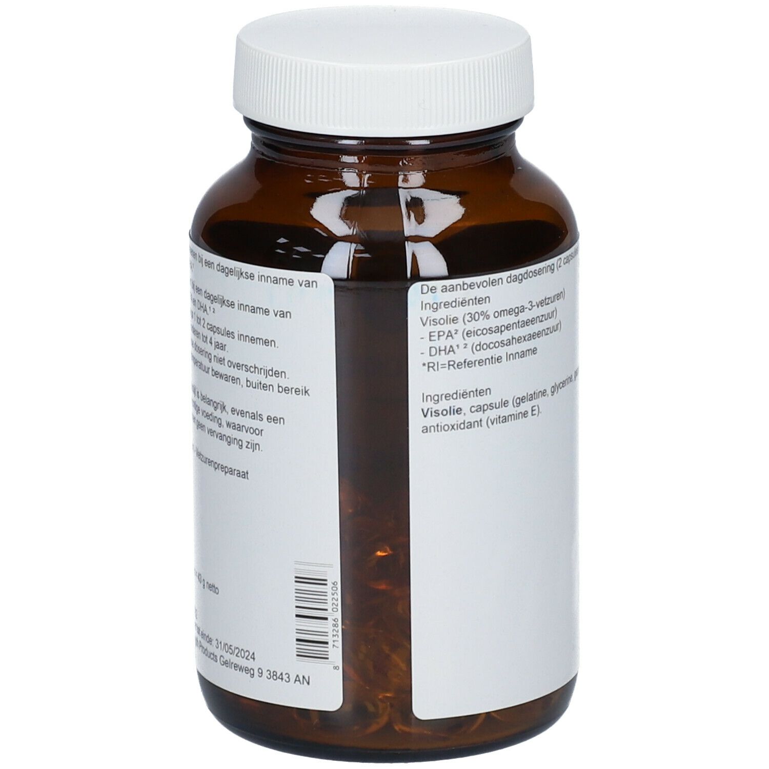 Achterkant van de bruine glazen fles. Opschrift: Visolie 500. Ingrediëntenlijst en barcode.