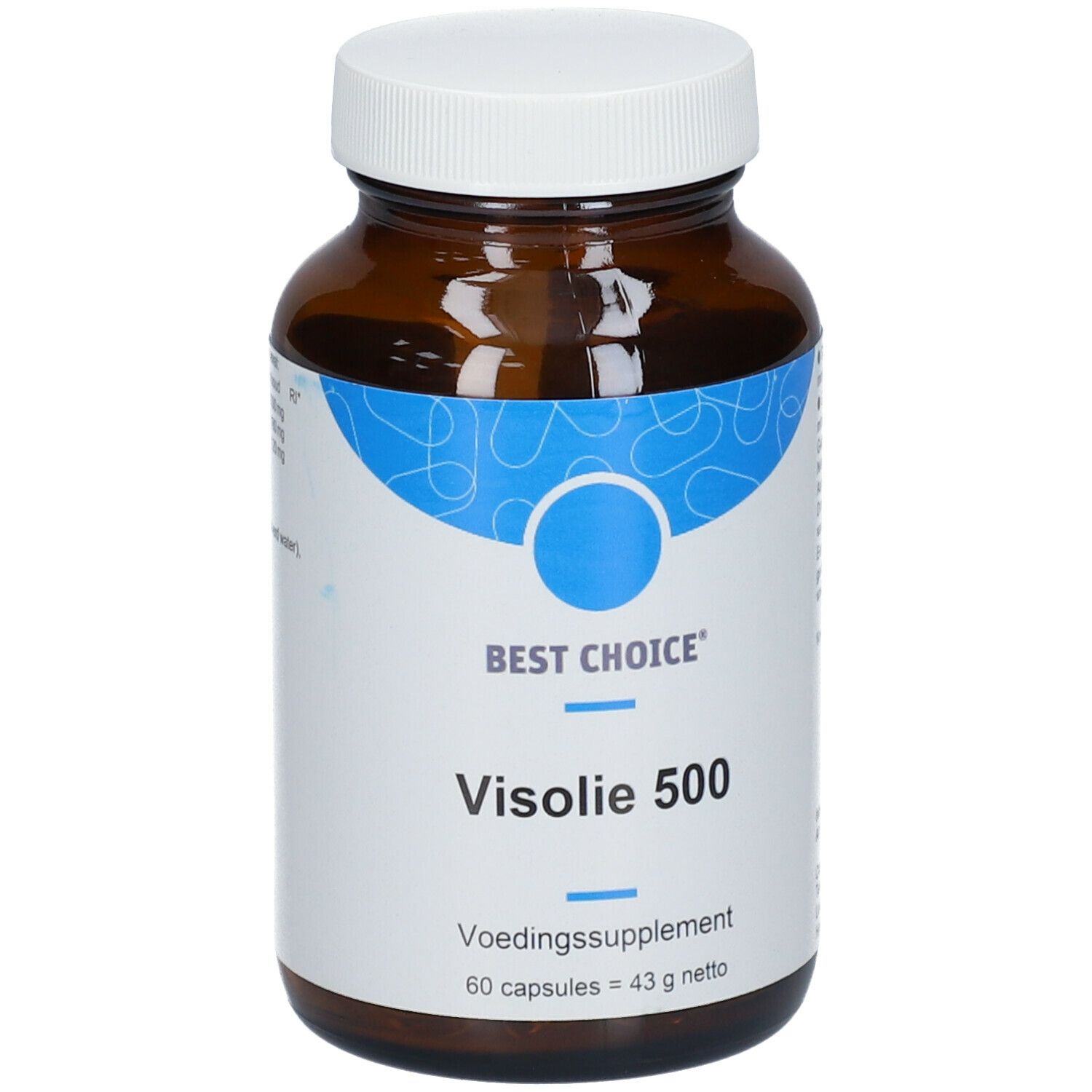 Bruine glazen fles met witte dop. Opschrift: BEST CHOICE Visolie 500. 60 capsules.