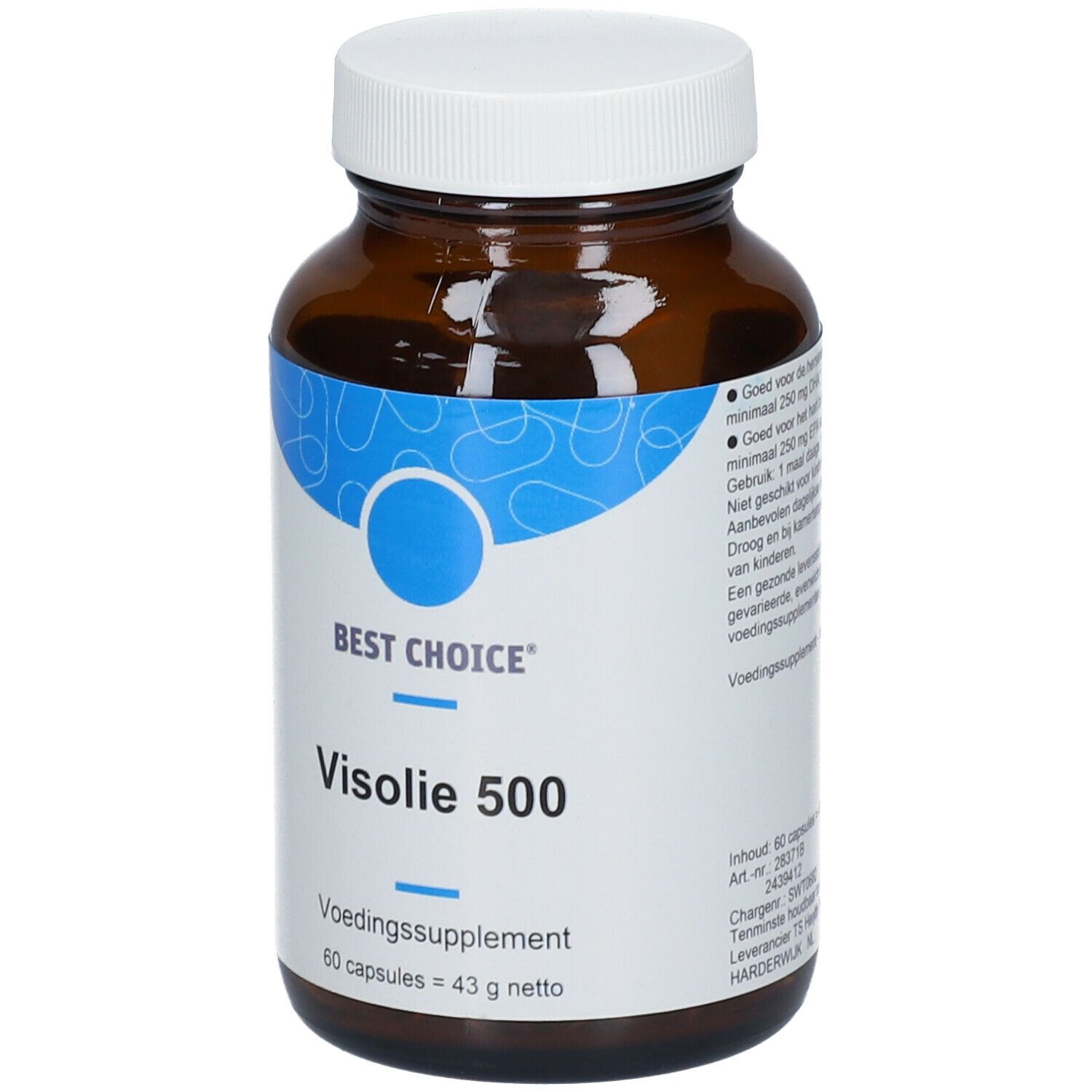 Bruine glazen fles met witte dop. Opschrift: BEST CHOICE Visolie 500. 60 capsules. Extra informatie.