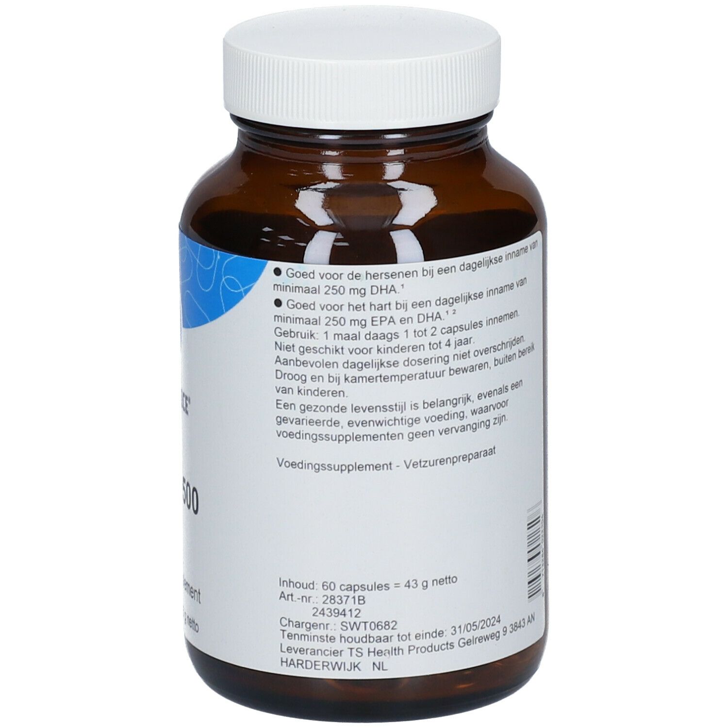 Bruine glazen fles met witte dop. Opschrift: BEST CHOICE Visolie 500. 60 capsules. Extra informatie.