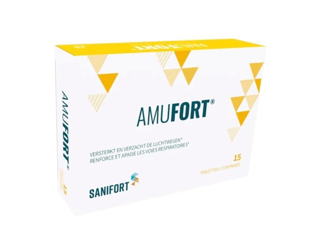 Boîte blanche et jaune avec le texte AMUFORT. Contient 15 comprimés. Logo Sanifort en bas à gauche.