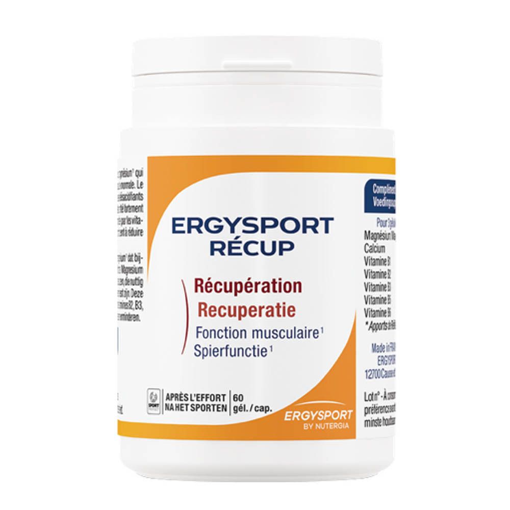 Ergysport Recup-fles. Oranje etiket met productnaam en info. Witte fles met dop.