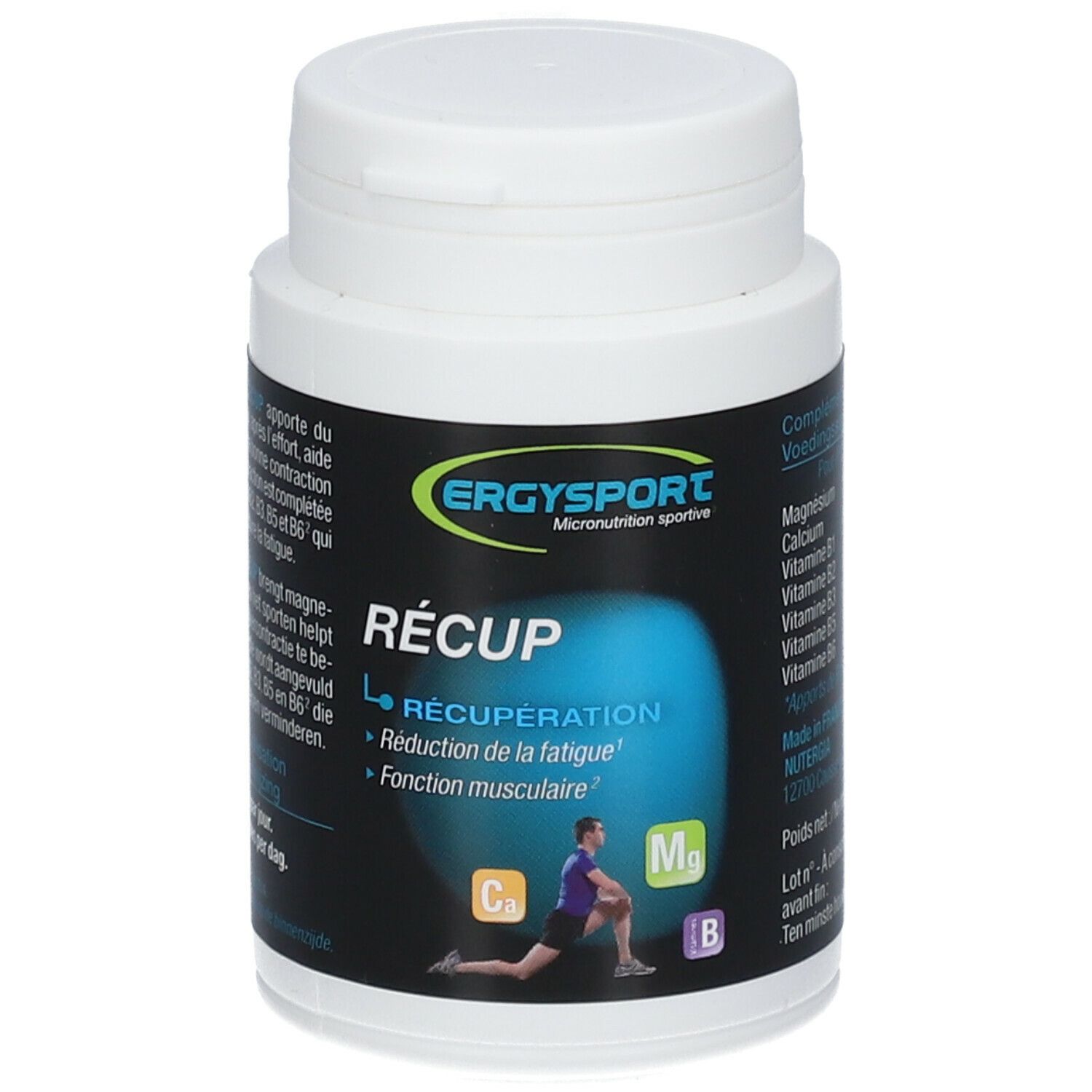 Ergysport Recup-fles. Zwart etiket met productnaam, ingrediënten en sporter. Witte dop.