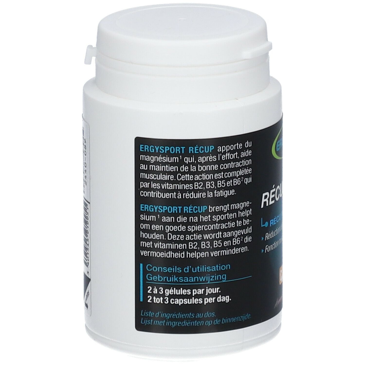 Ergysport Recup-fles. Achterkant met productinfo en dosering. Witte fles met witte dop.
