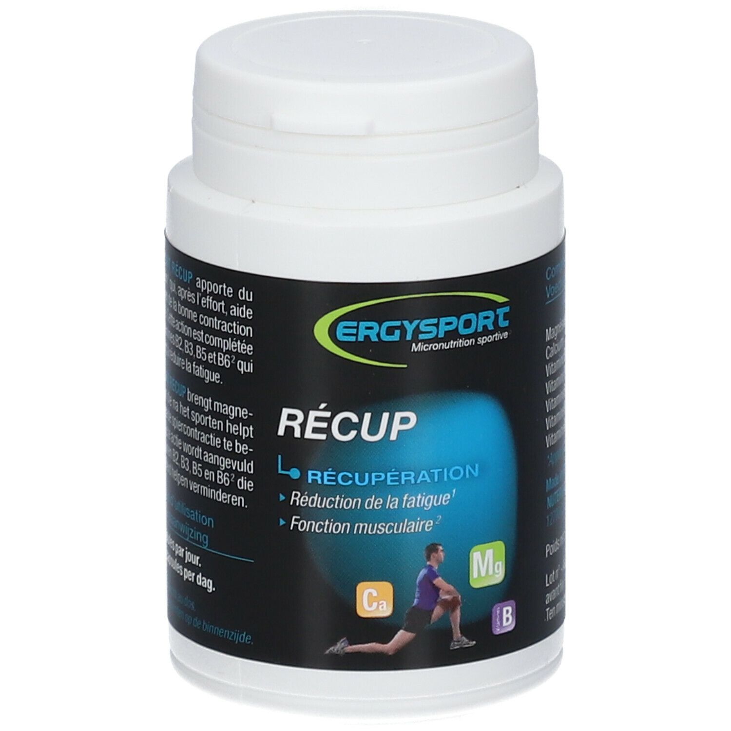 Ergysport Recup-fles. Zwart etiket met productnaam, ingrediënten en sporter. Witte dop.