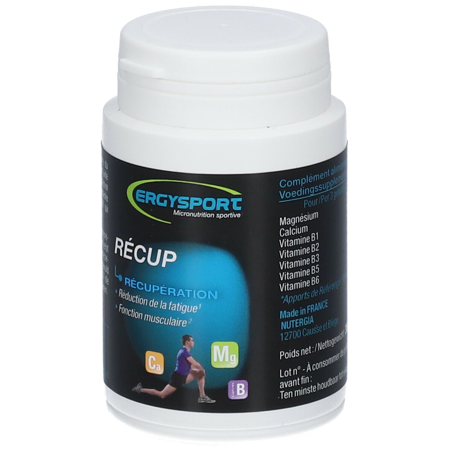 Ergysport Recup-fles. Zwart etiket met ingrediënten en voedingswaarde. Witte fles met dop.