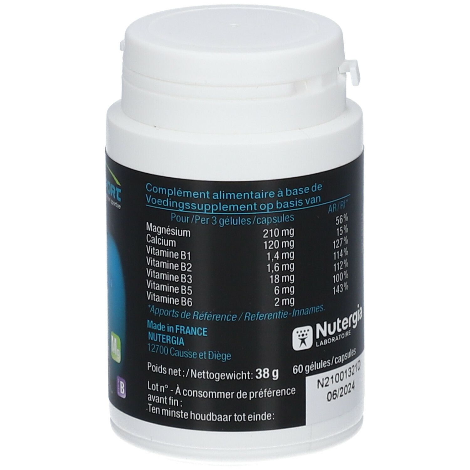 Ergysport Recup-fles. Achterkant met voedingswaarde en batchnummer. Witte fles met dop.