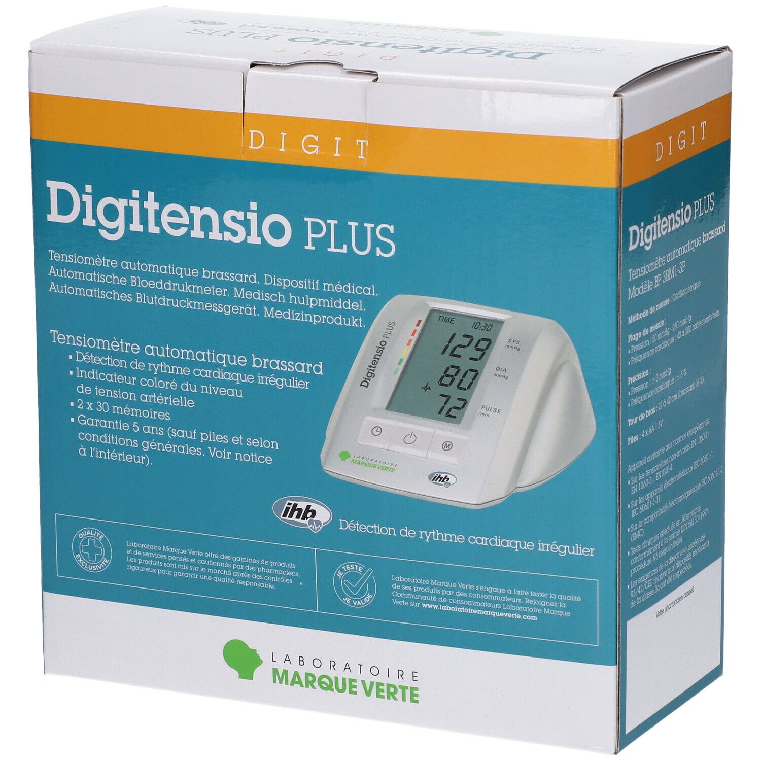 Boîte Digitensio PLUS, Tensiomètre Bras IHD. Inscriptions: nom du produit, valeurs, logos, certifications.