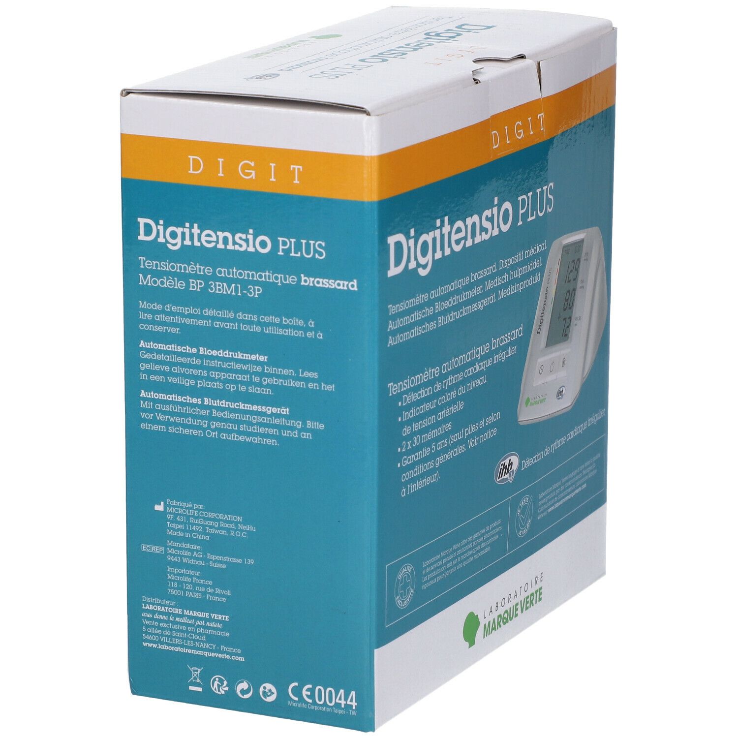 Boîte Digitensio PLUS, Tensiomètre Bras IHD. Vue latérale avec informations produit et marquage CE.
