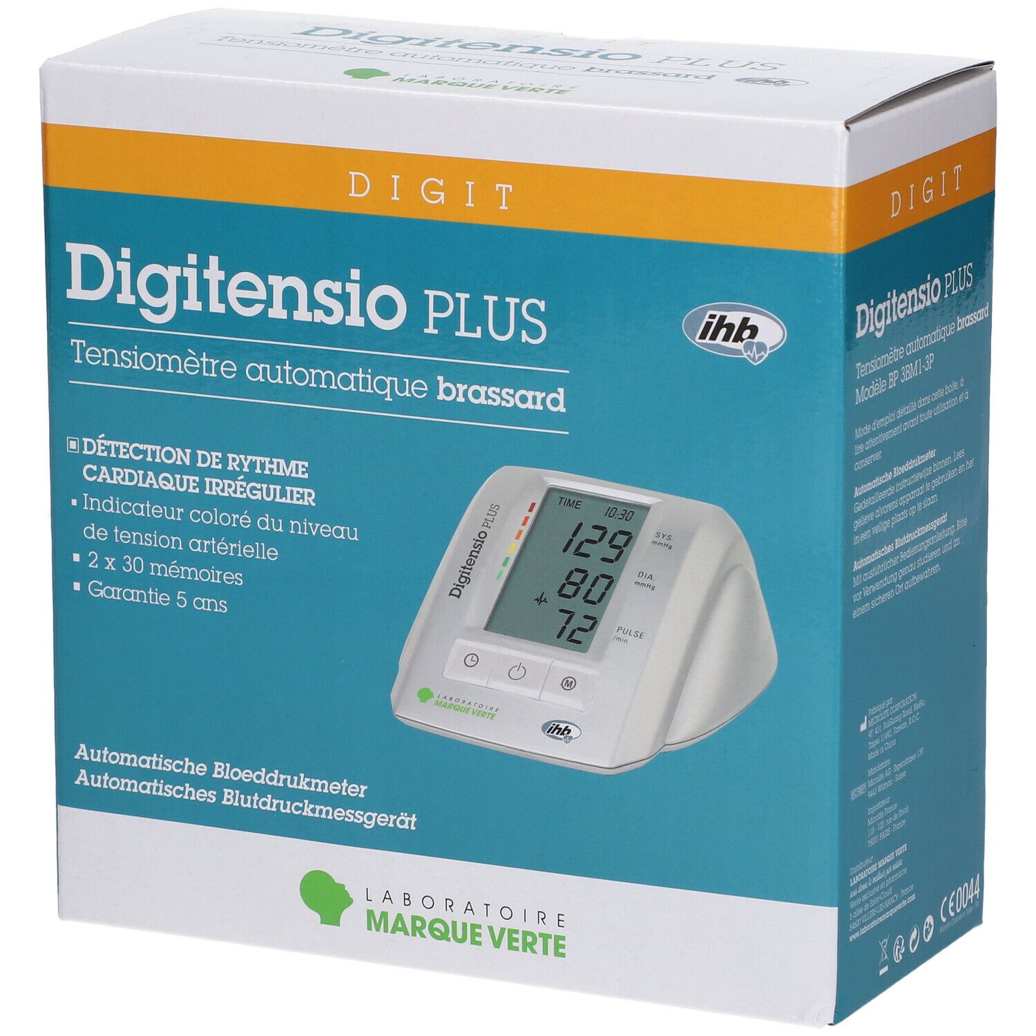 Boîte Digitensio PLUS, Tensiomètre Bras IHD. Vue de face avec nom du produit et affichage de l'appareil.