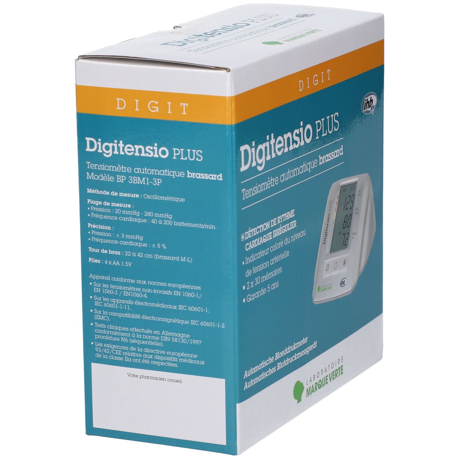 Boîte Digitensio PLUS, Tensiomètre Bras IHD. Vue latérale avec spécifications techniques et marquage CE.
