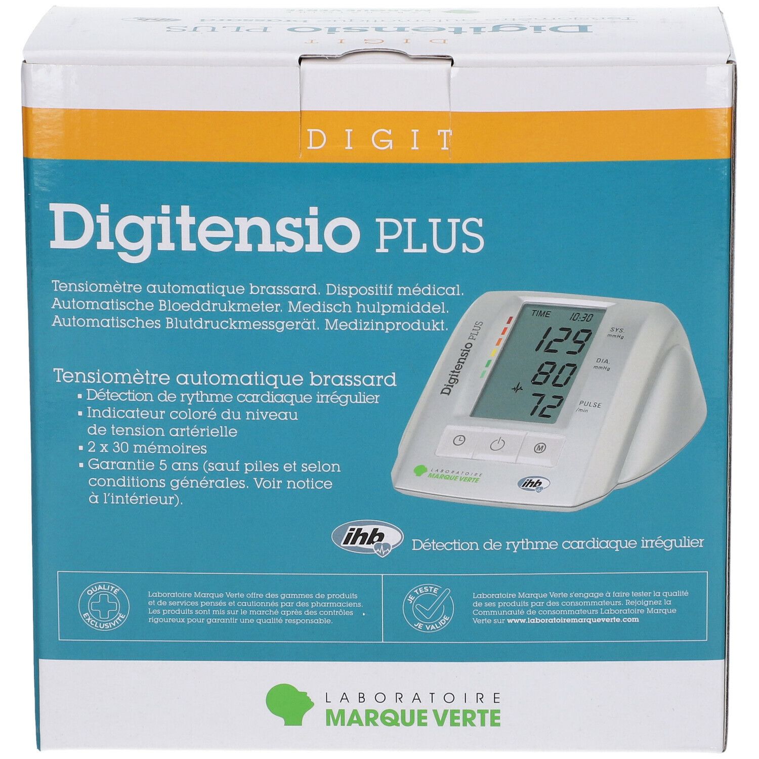 Boîte Digitensio PLUS, Tensiomètre Bras IHD. Vue de face avec nom du produit et affichage de l'appareil.