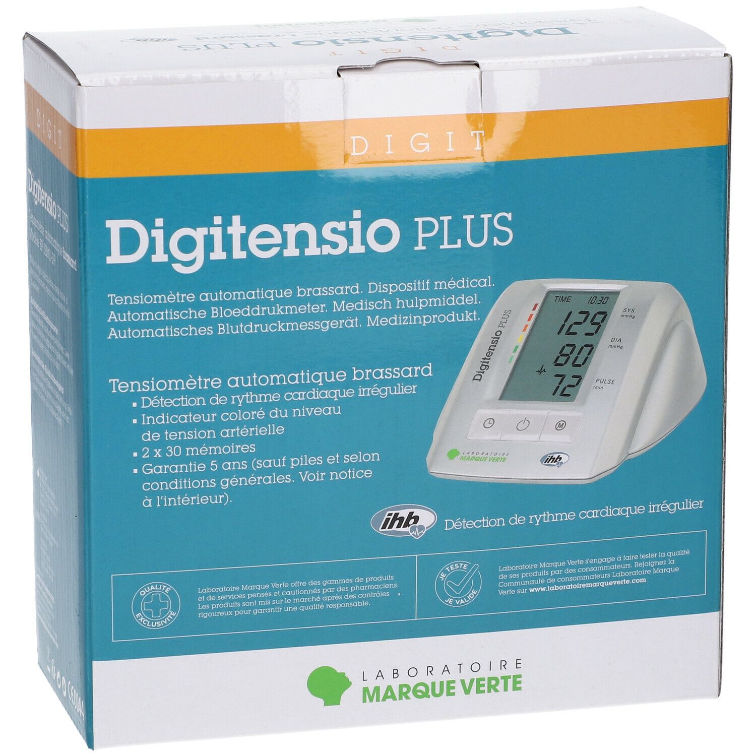Boîte Digitensio PLUS, Tensiomètre Bras IHD. Vue de face avec nom du produit et affichage de l'appareil.