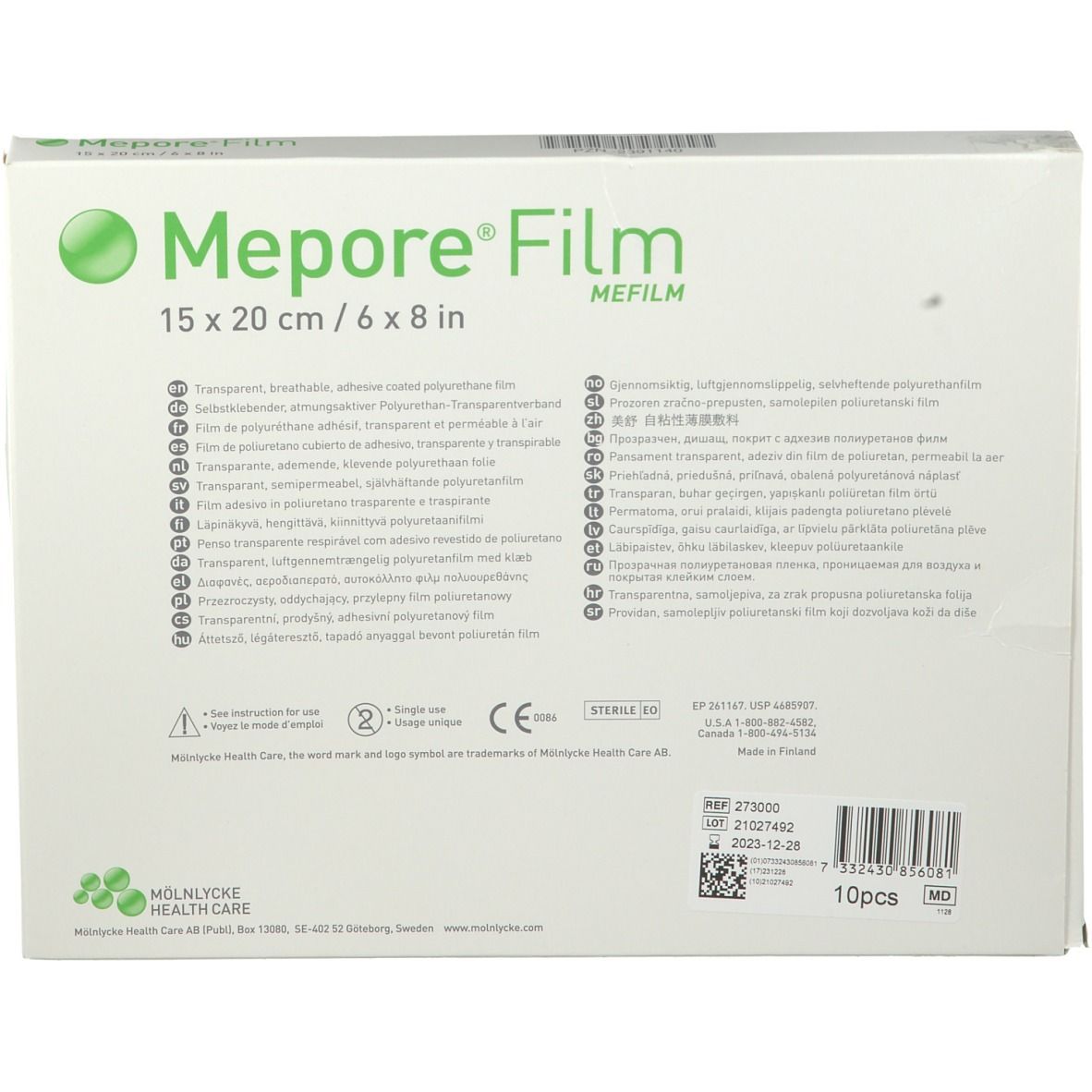 Dos de l'emballage Mepore® Film. Texte multilingue. Dimensions : 15 x 20 cm / 6 x 8 in. Avec marquage CE.