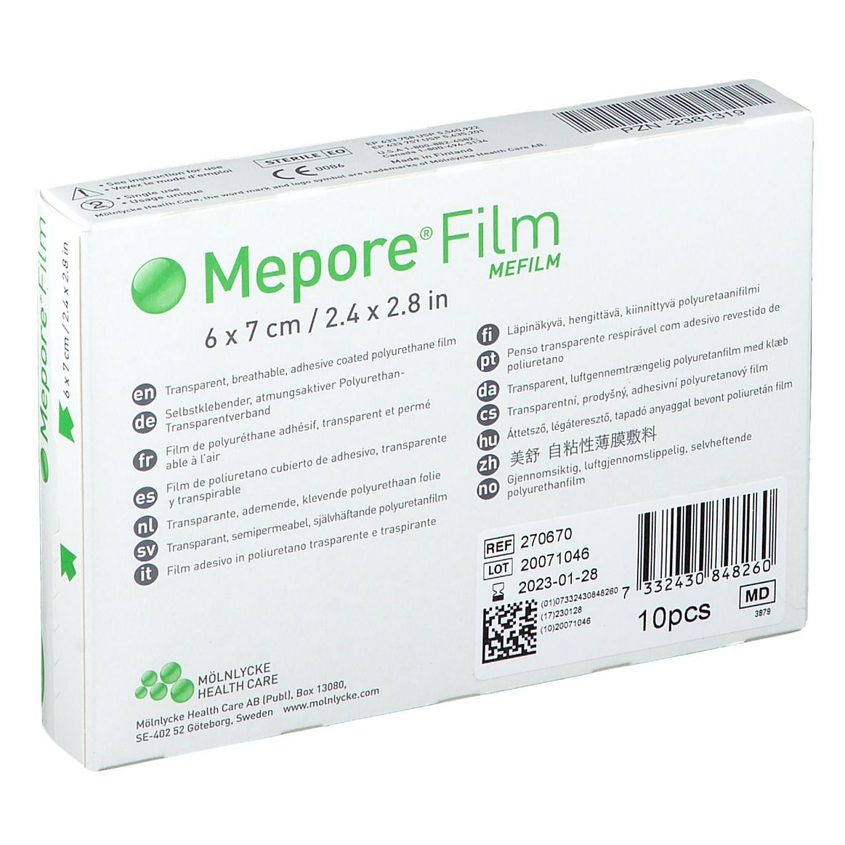 Mepore Film Verpackung, 6 x 7 cm. Weiße Schachtel mit Produktinformationen und grünen Logos.