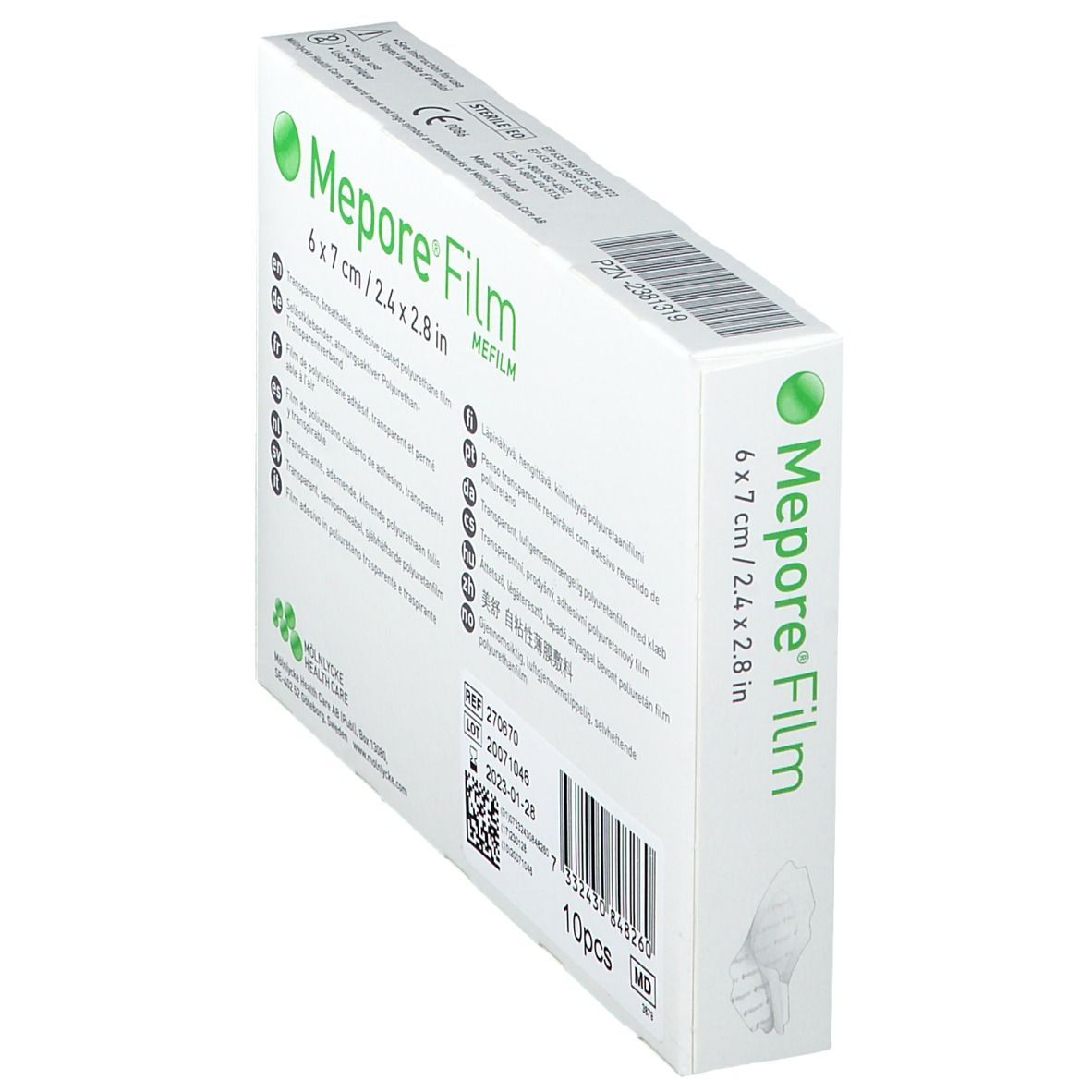 Schrägansicht der Mepore Film Verpackung. Weiße Schachtel mit Produktinformationen und grünen Logos.