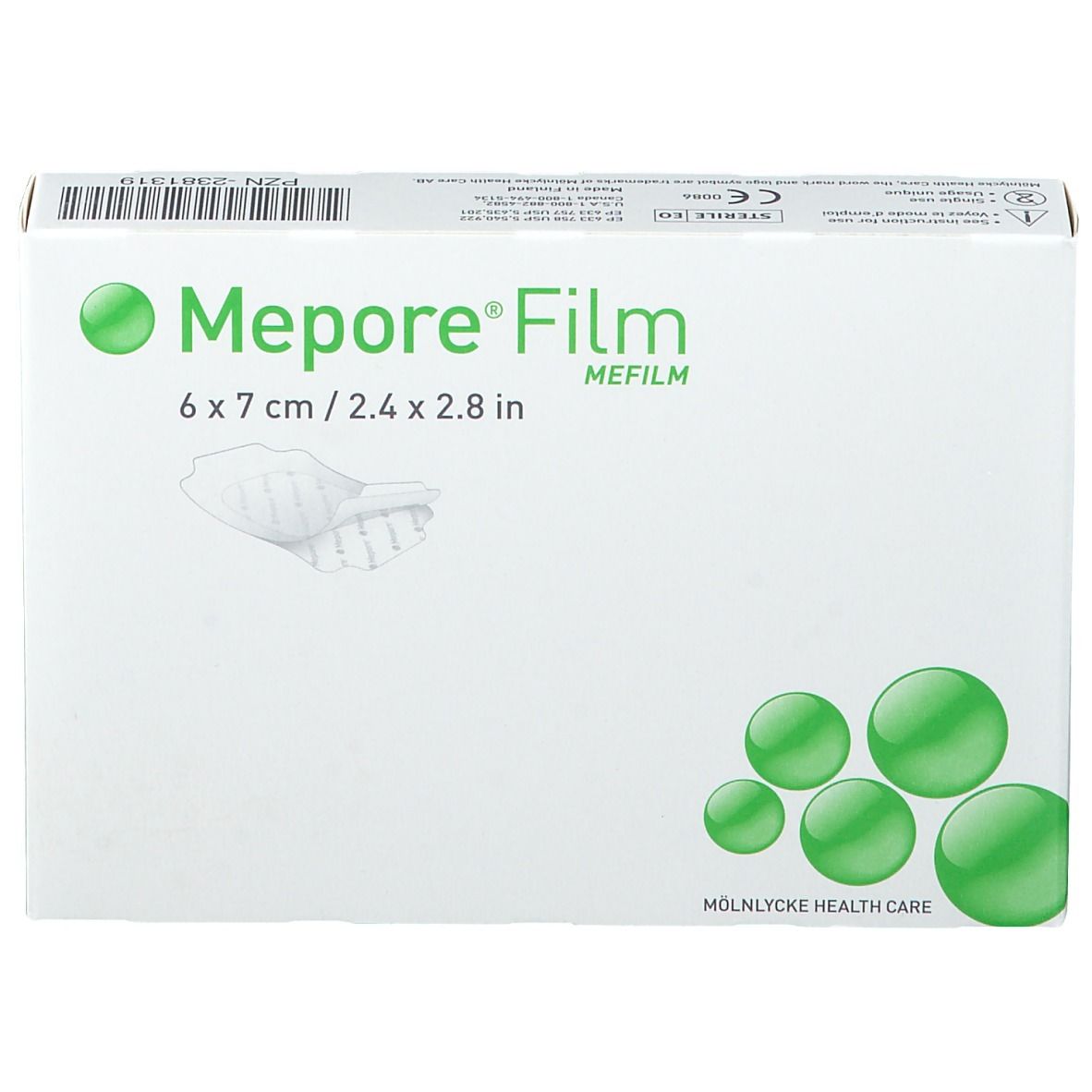 Mepore Film Verpackung, 6 x 7 cm. Weiße Schachtel mit grünem Logo und Produktabbildung.