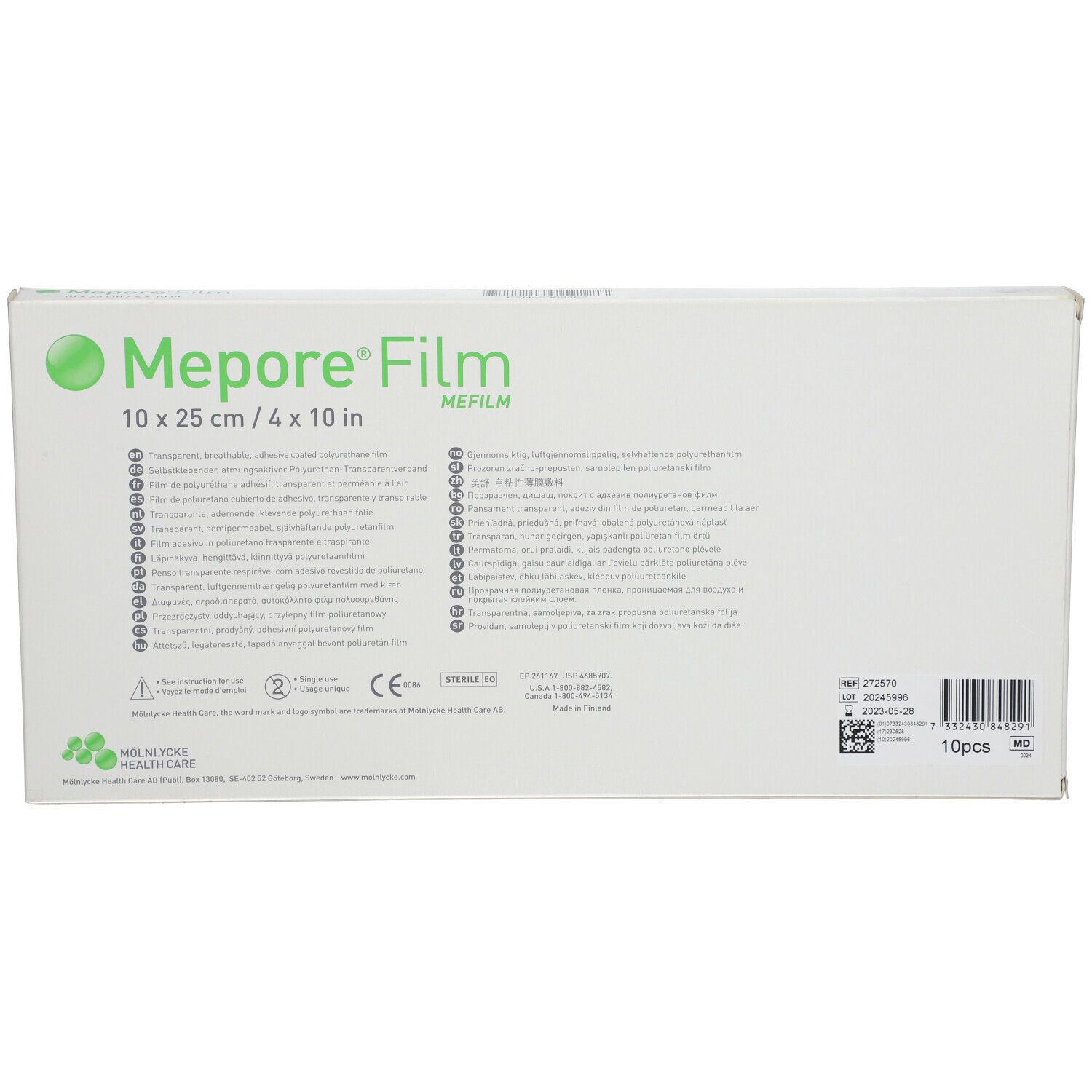 Achterkant van de Mepore Film verpakking. Tekst, maatindicatie, CE-markering en barcode. Bevat 10 stuks.