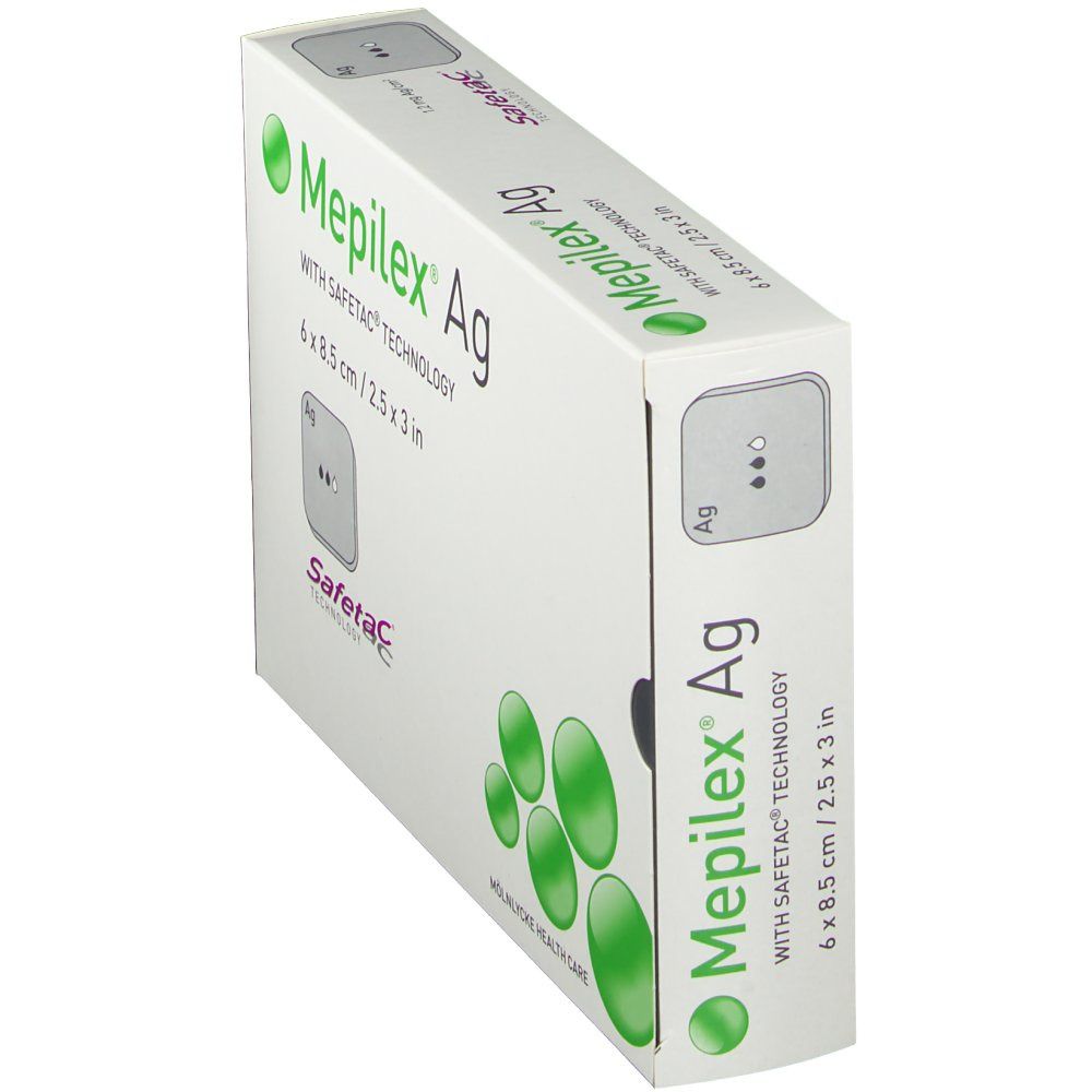 Vue oblique de l'emballage Mepilex Ag. Inscription Safetac Technology, symbole Ag, cercles verts. Taille : 6 x 8,5 cm.