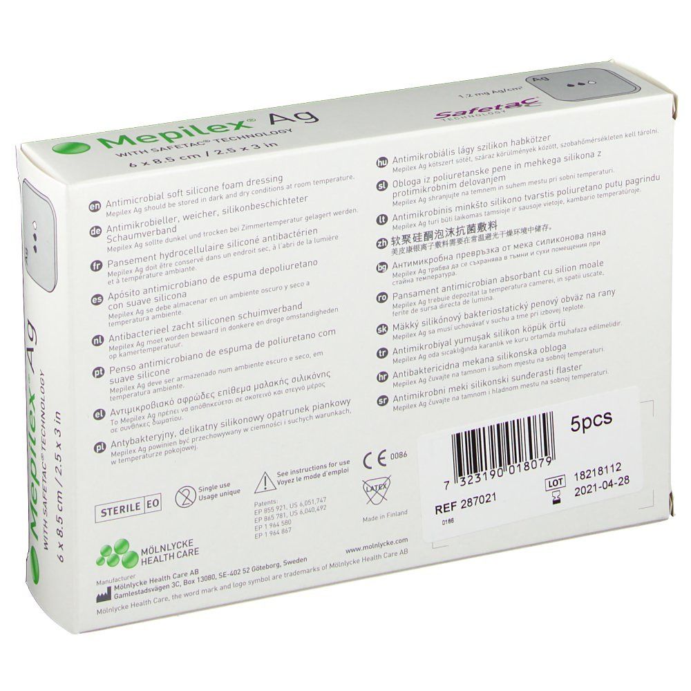 Dos de l'emballage Mepilex Ag. Texte multilingue. Contient 5 pièces. Fabricant : Mölnlycke Health Care. Stérile.