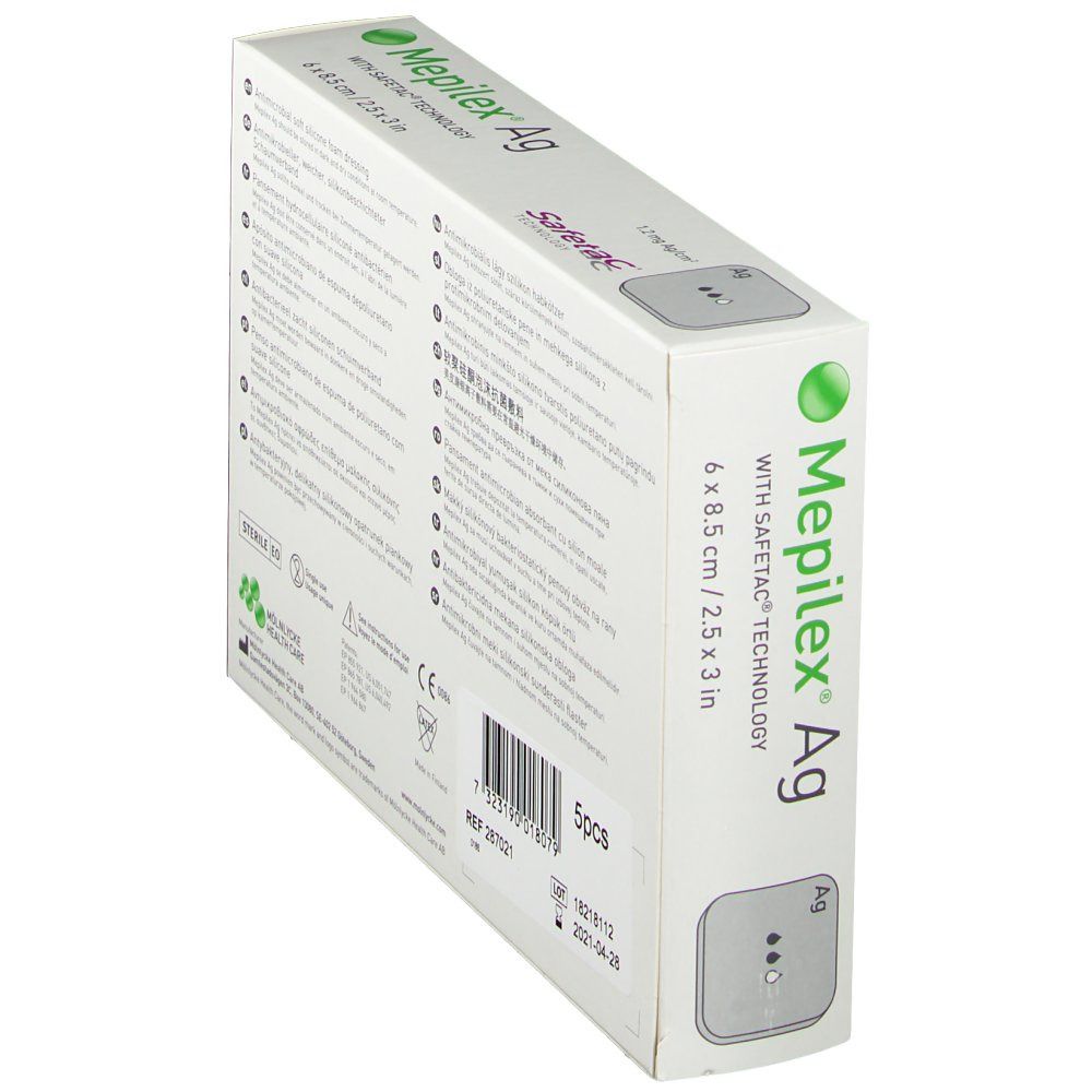 Vue oblique de l'emballage Mepilex Ag. Inscription Safetac Technology, 6 x 8,5 cm. Contient 5 pièces. Fabricant : Mölnlycke Health Care.