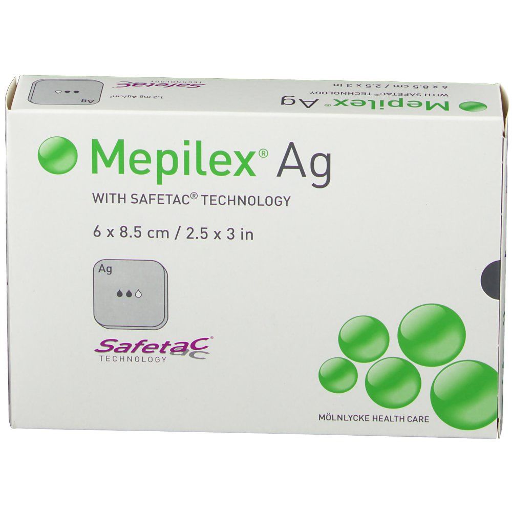 Emballage Mepilex Ag, 6 x 8,5 cm. Inscription Safetac Technology, symbole Ag, cercles verts. Fabricant : Mölnlycke Health Care.