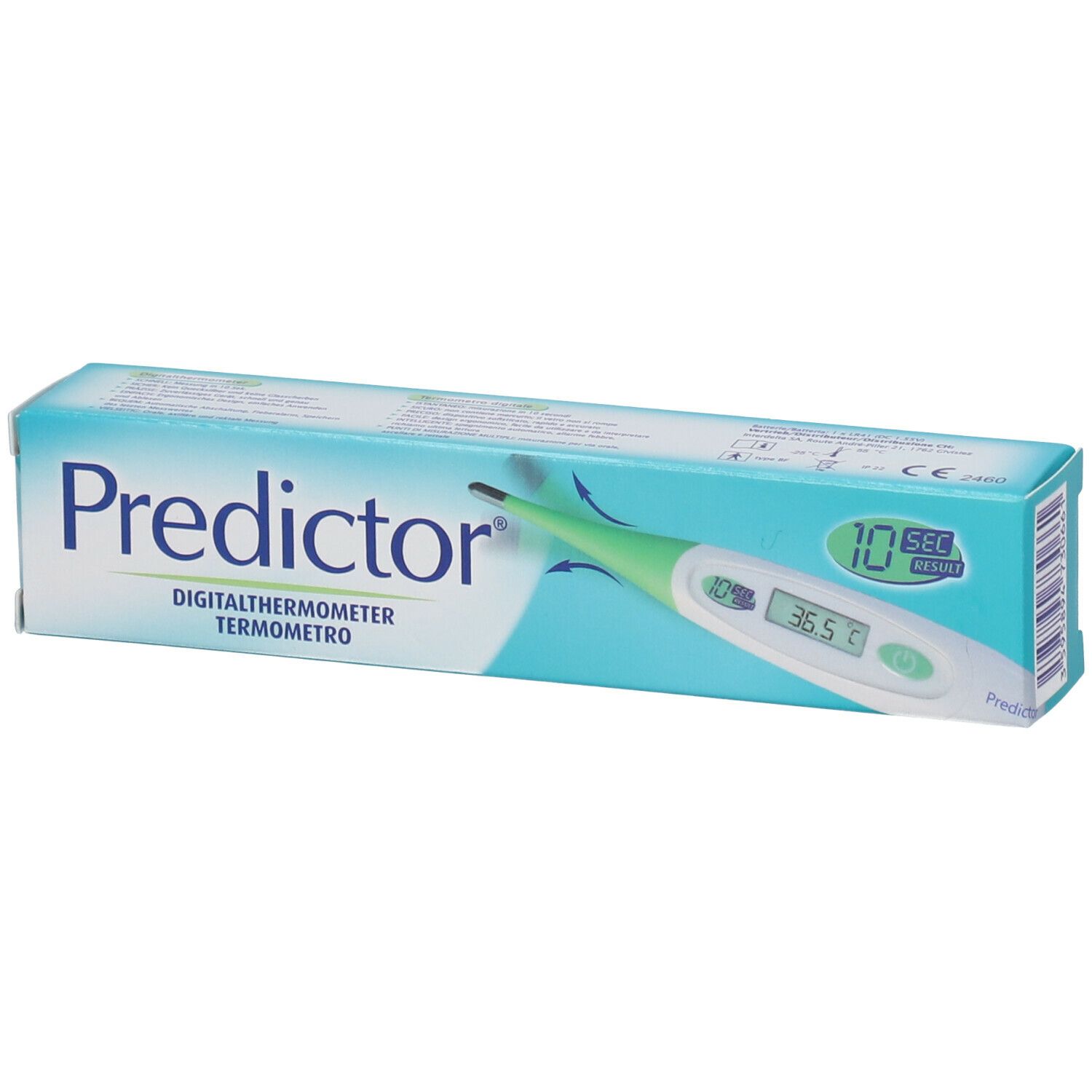Verpakking van Predictor thermometer. Blauw-witte doos met productafbeelding en tekst.