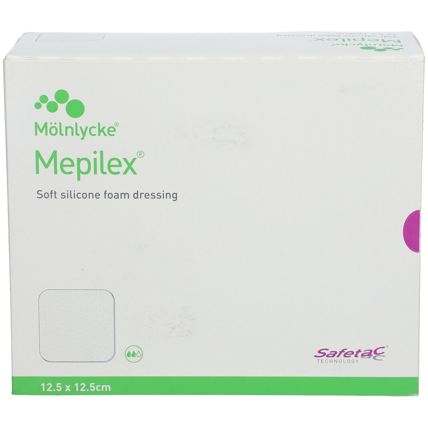 Boîte de Mepilex 12,5 x 12,5 cm. Pansement en mousse de silicone souple. Marque Mölnlycke. Forme carrée, carton blanc.