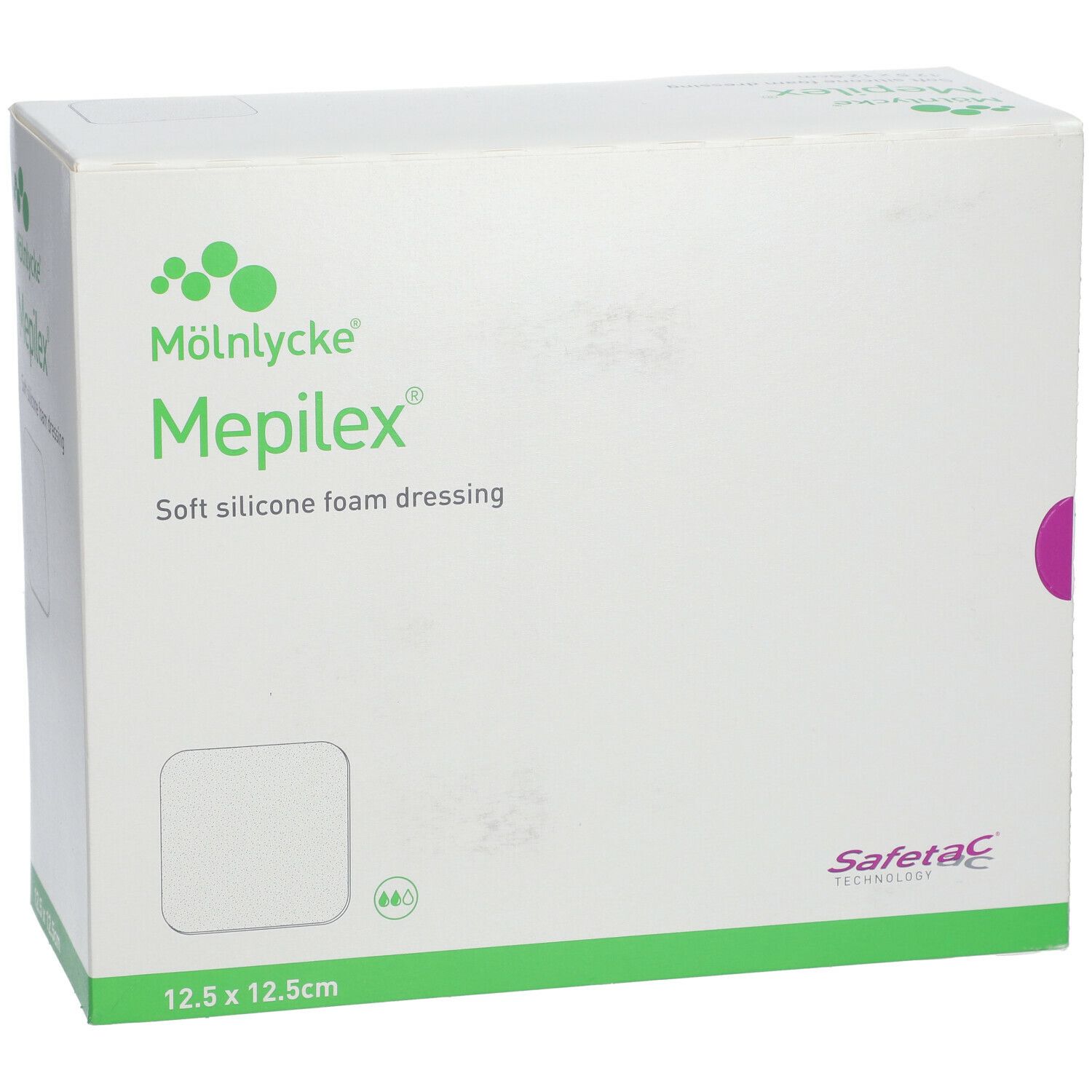Boîte de Mepilex 12,5 x 12,5 cm. Pansement en mousse de silicone souple. Marque Mölnlycke. Forme carrée, carton blanc.