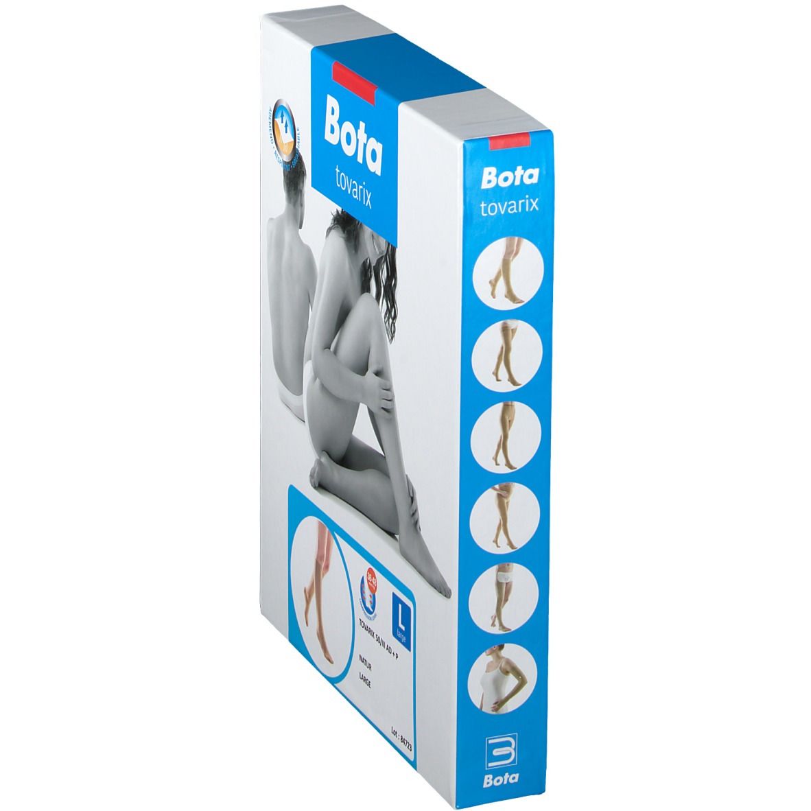 Bota tovarix Verpackung, Seitenansicht. Abbildungen von Kompressionsstrümpfen. Größe L.