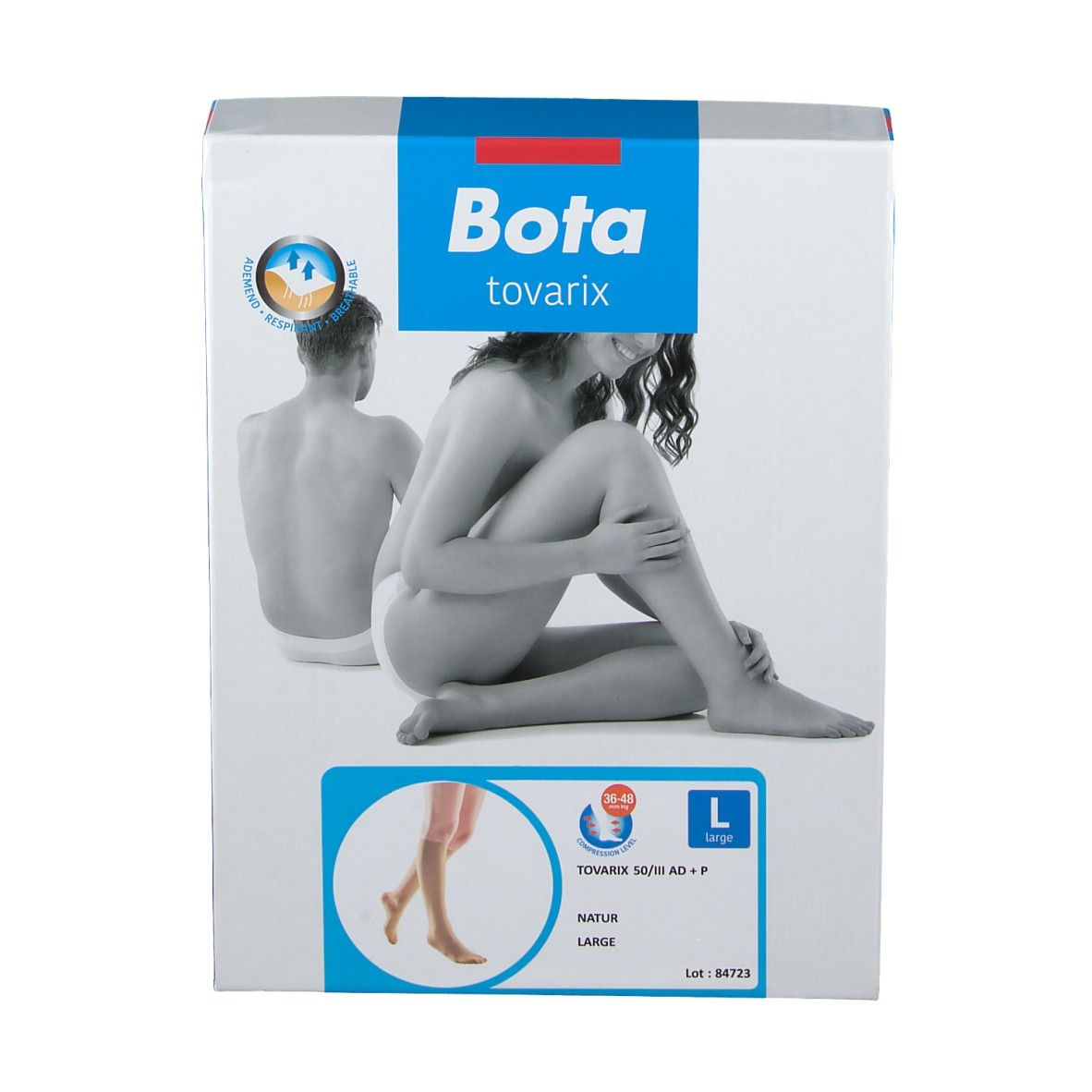 Bota tovarix Verpackung. Naturfarbene Kompressionsstrümpfe, Größe L. Abbildung einer Frau.