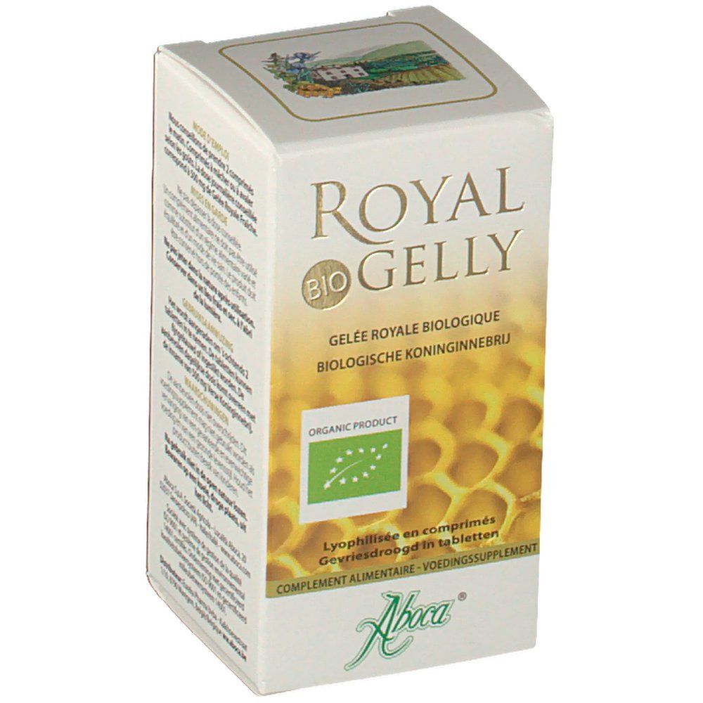 Boîte "Royal Gelly Bio". Logo "Produit biologique" et logo bio européen. Logo Aboca en bas.