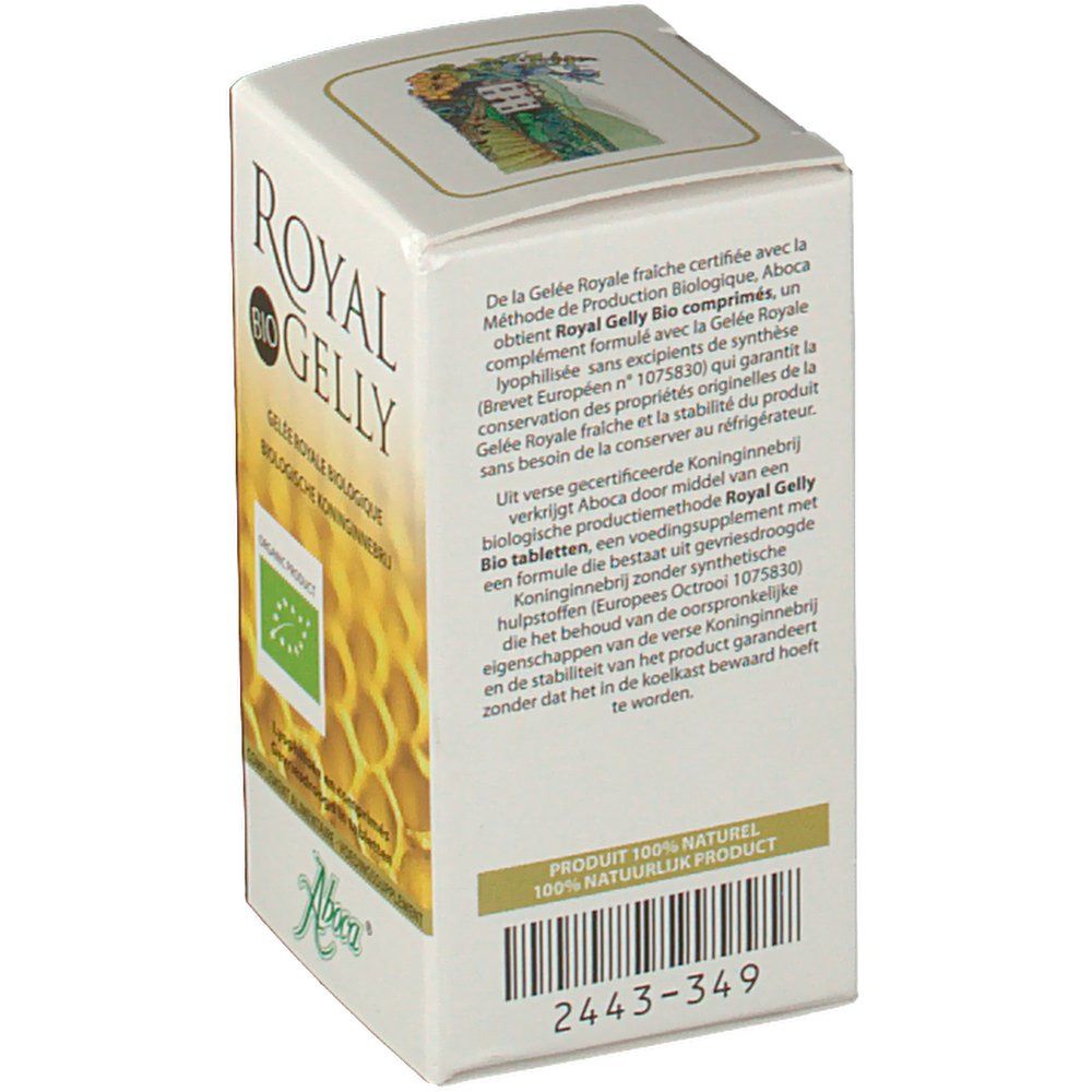 Dos de la boîte "Royal Gelly Bio". Texte multilingue. Logo bio UE. Logo Aboca.