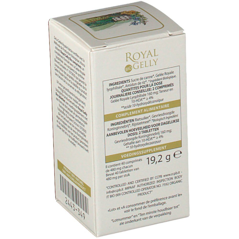 Côté de la boîte "Royal Gelly Bio". Liste des ingrédients, informations nutritionnelles. Poids : 19,2 g. Logo bio UE.