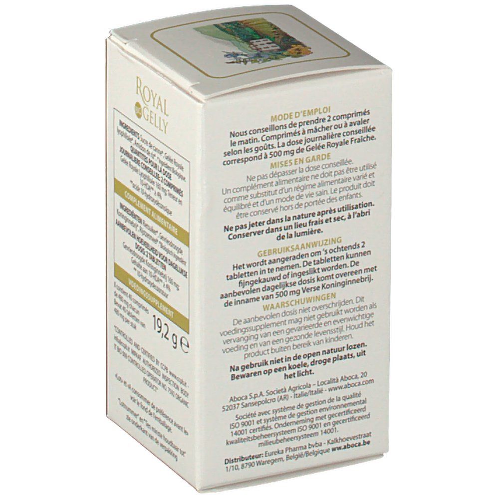 Côté de la boîte "Royal Gelly Bio". Mode d'emploi, avertissements. Poids : 19,2 g.