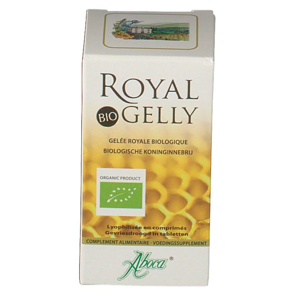 Boîte "Royal Gelly Bio". Logo "Produit biologique" et logo bio européen. Logo Aboca en bas.