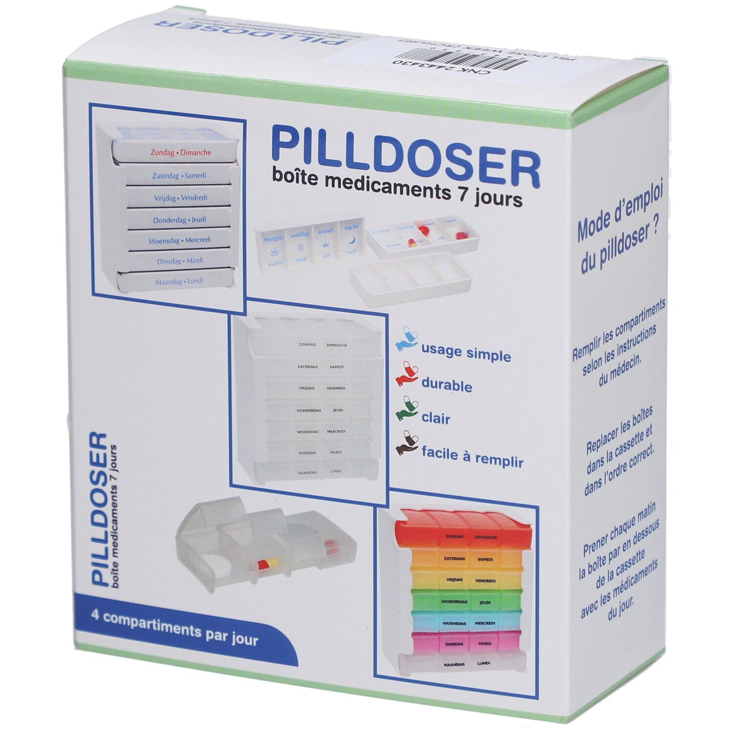 Pilulier 7 jours, en boîte. Plusieurs vues montrent les compartiments individuels et la boîte.