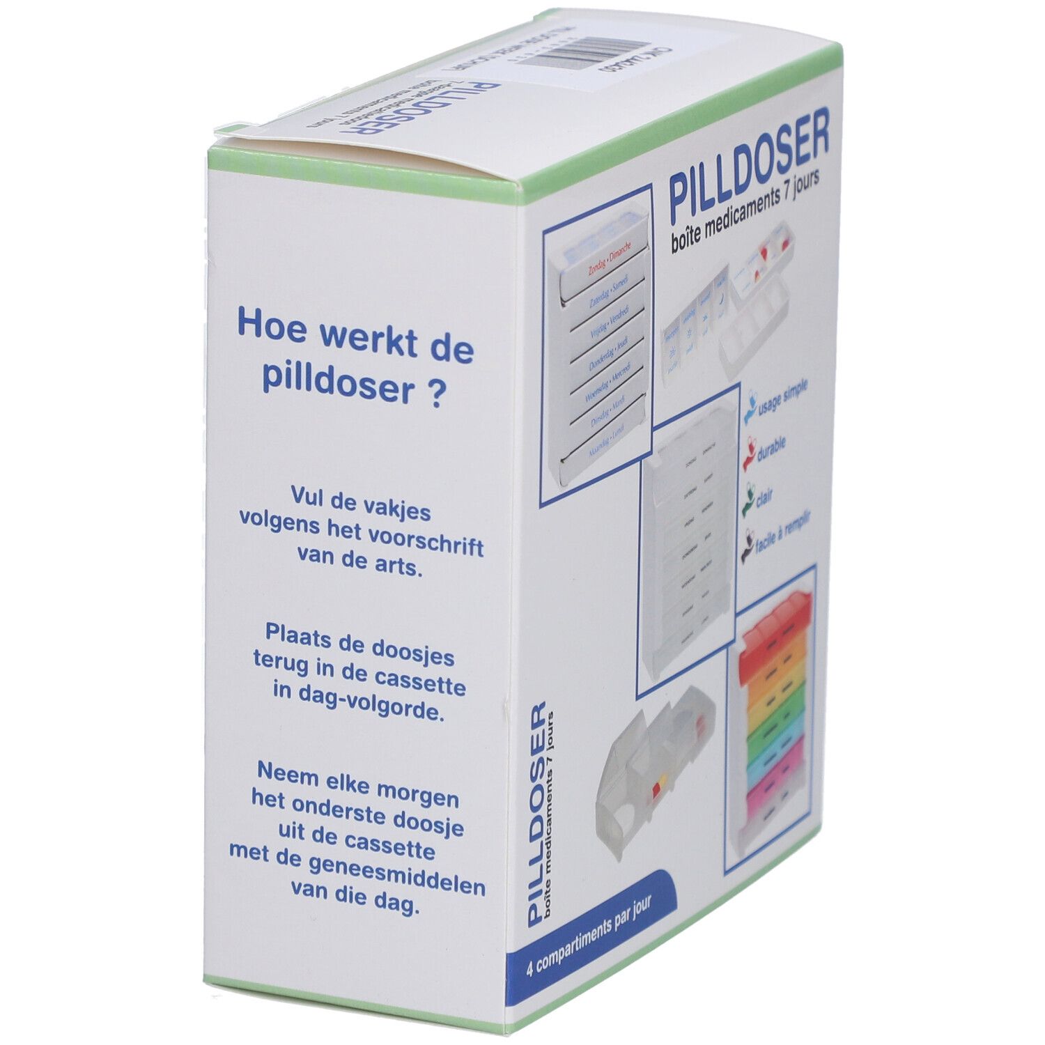 Emballage du pilulier 7 jours. Instructions en néerlandais et en français.