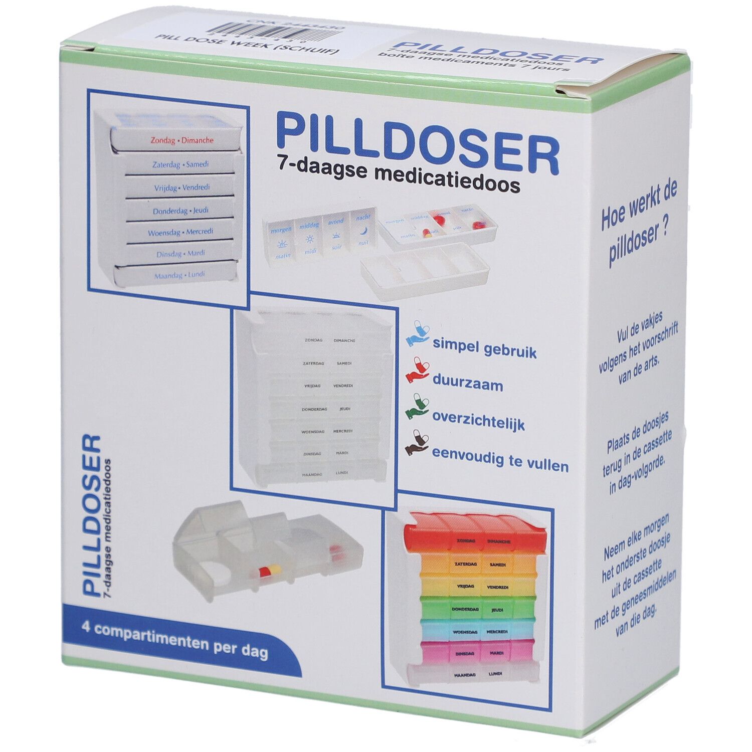 Pilulier 7 jours, en boîte. Plusieurs vues montrent les compartiments individuels et la boîte.