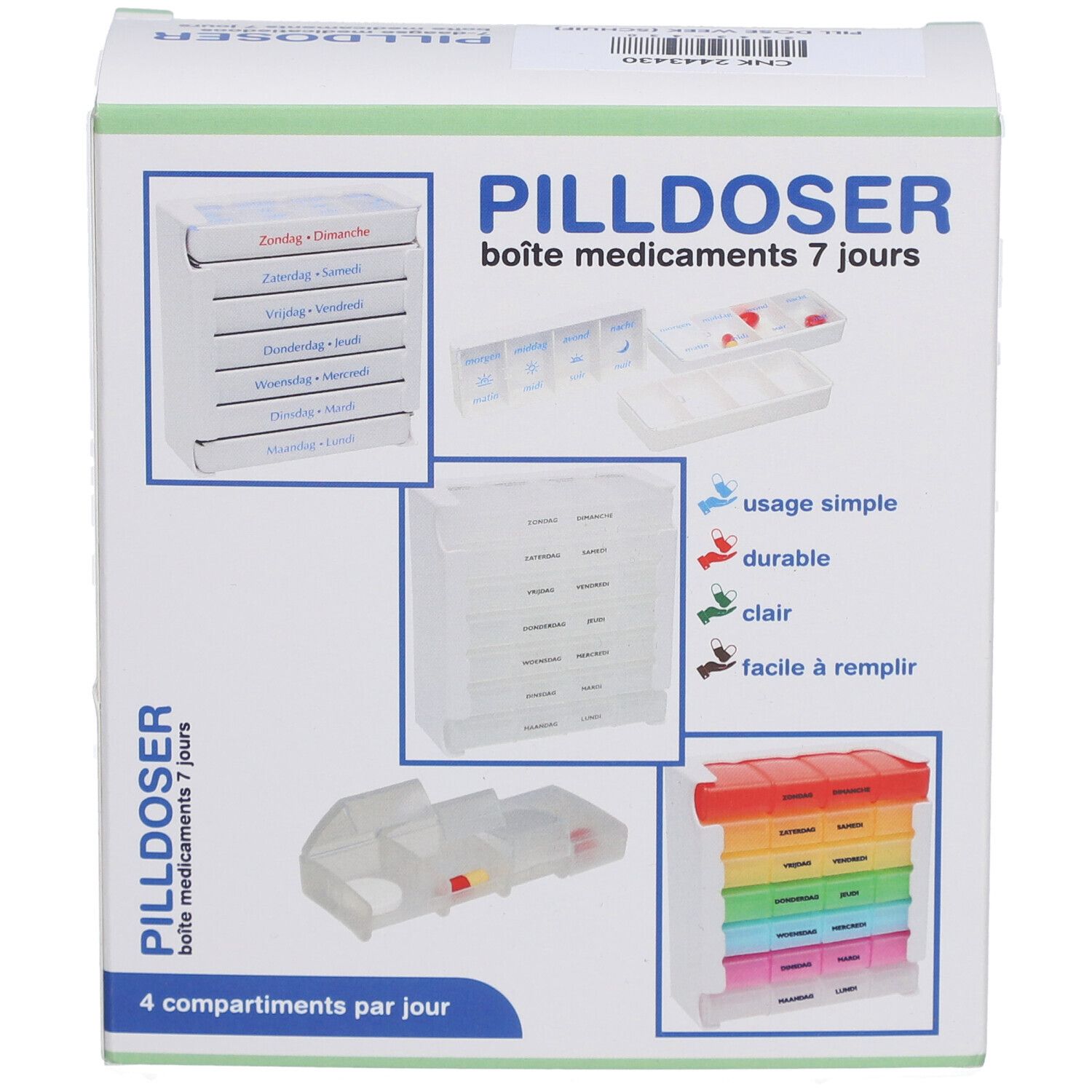 Pilulier 7 jours, en boîte. Plusieurs vues montrent les compartiments individuels et la boîte.