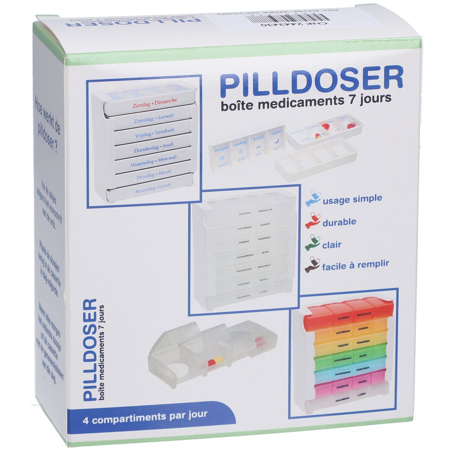 Pilulier 7 jours, en boîte. Plusieurs vues montrent les compartiments individuels et la boîte.