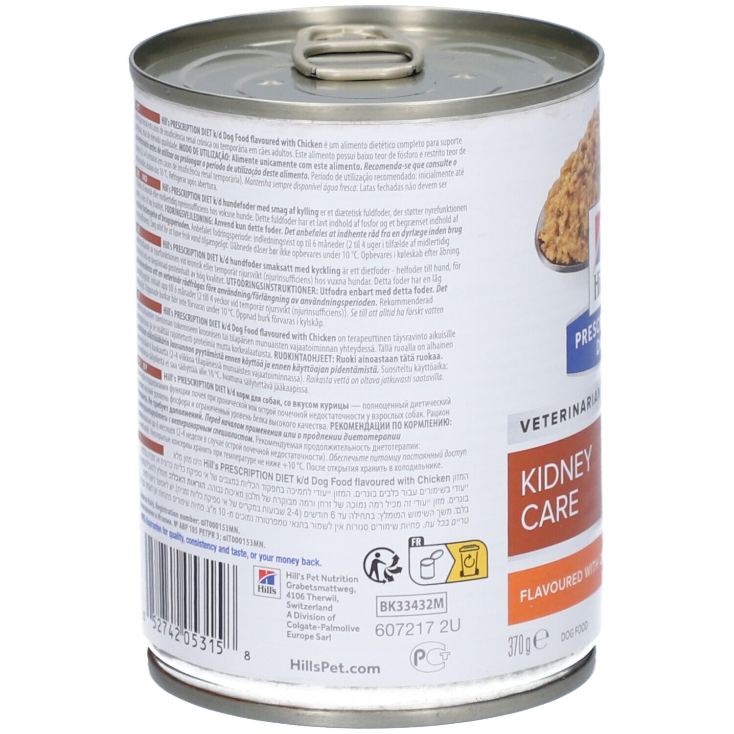 Rückseite der Dose Hills Prescription Diet k/d Hundefutter. Text in verschiedenen Sprachen. Aufschrift: Kidney Care, Flavourd with Chicken.