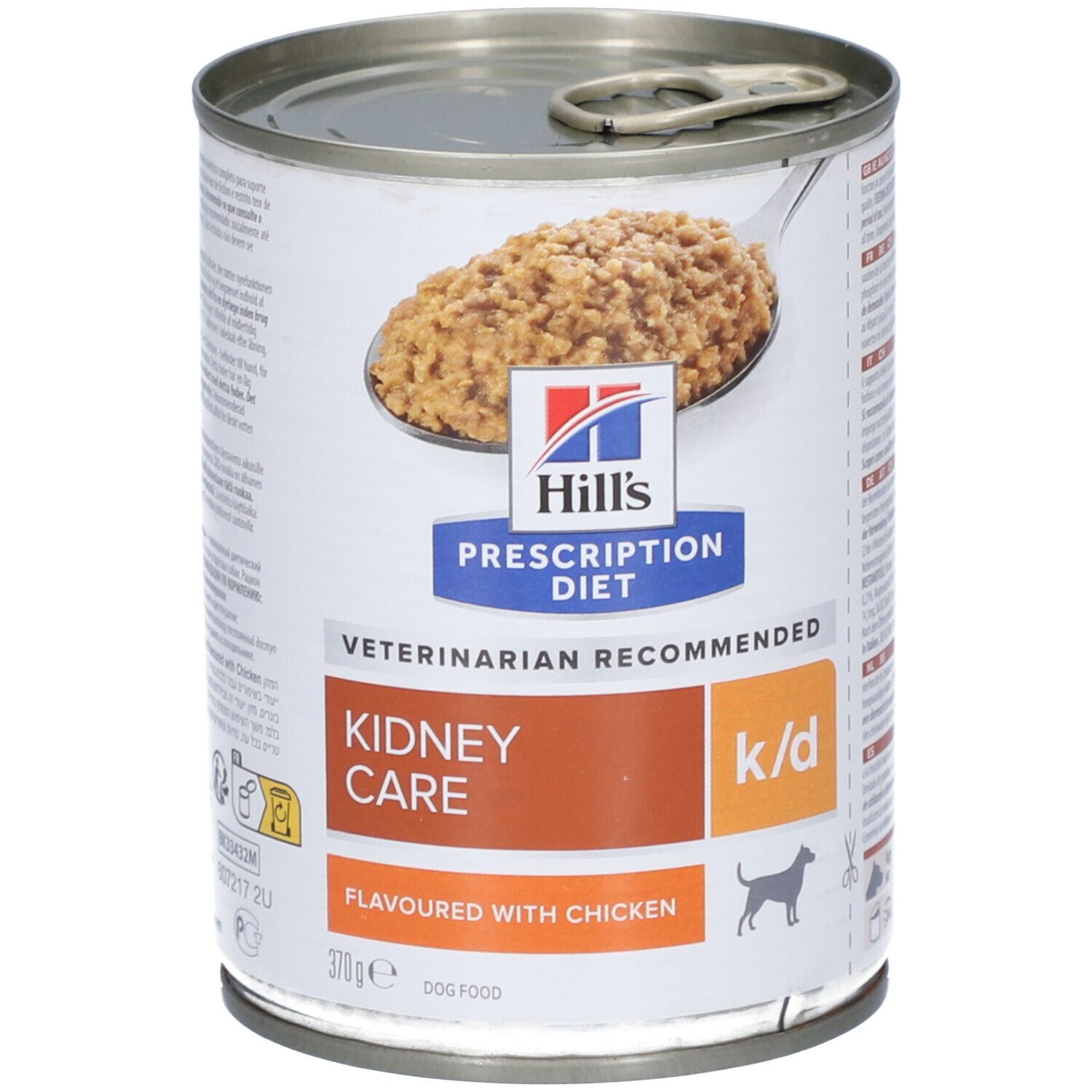 Hills Prescription Diet k/d Hundefutter mit Huhn. Dose mit Futter, geöffnet. Aufschrift: Kidney Care, Flavourd with Chicken.